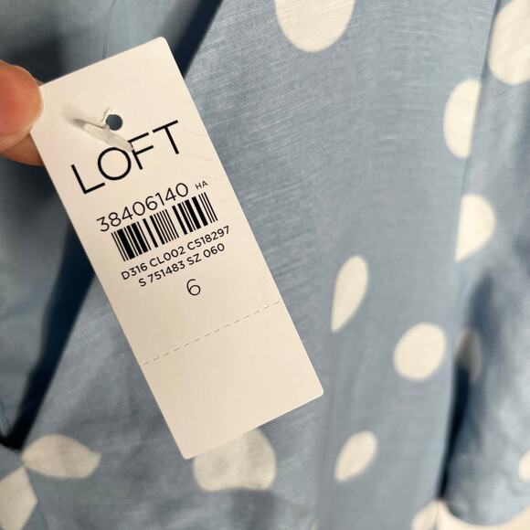 Loft Short Sleeve Linen Blend Mini Dress 6 Blue White Polka Dot 2025 Style - Picture 8 of 12